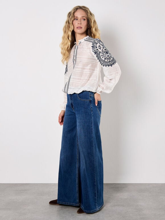 Ruffle Neck Embroidered Blouse, White, large