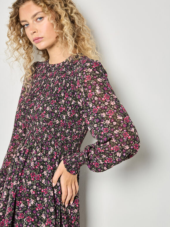 Ditsy Floral Smocked Mini Dress, Pink, large