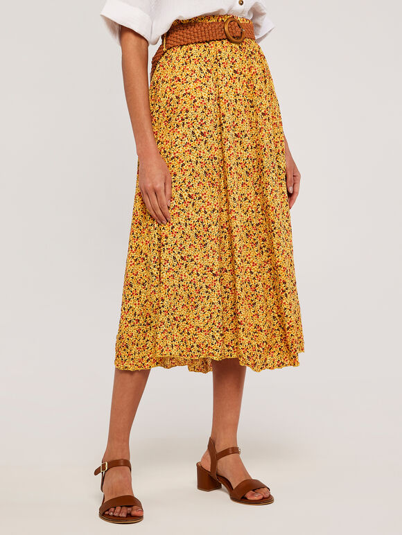 Ditsy Belted Midi Skirt, Yellow, large