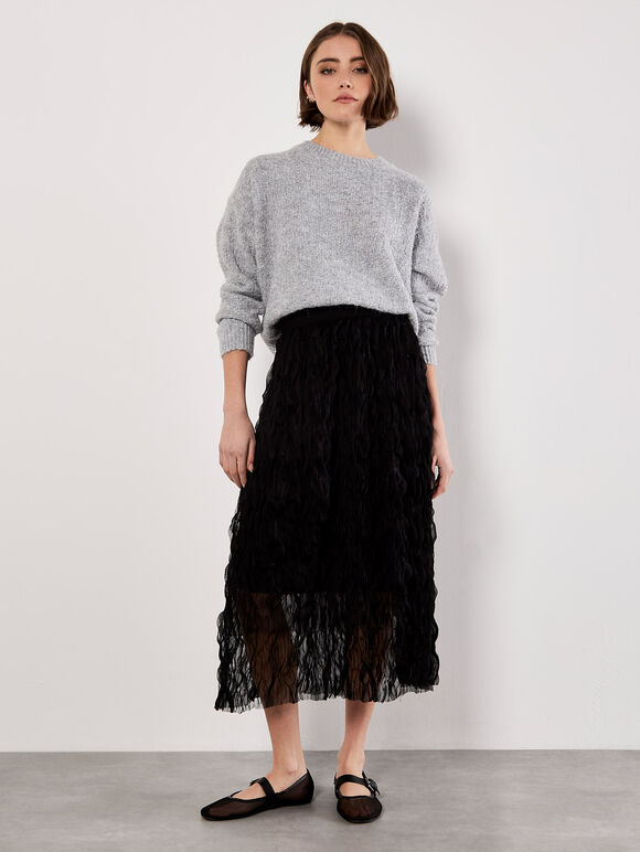 Wavy Tulle Midi Skirt, Black, large