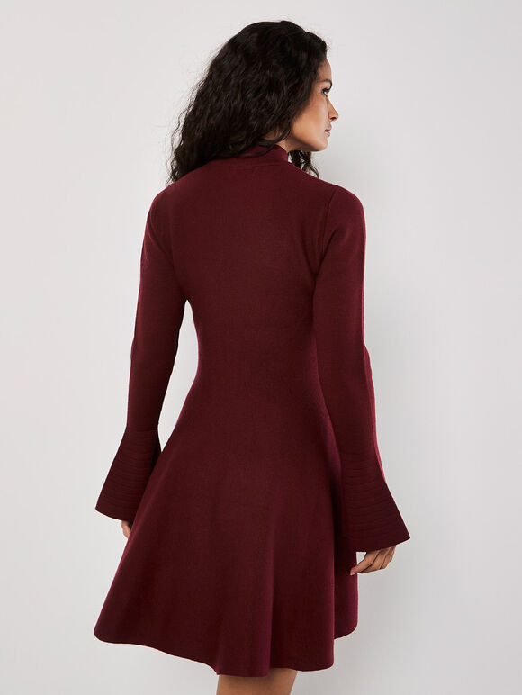 Bell Sleeve Knitted Skater Mini Dress, Burgundy, large
