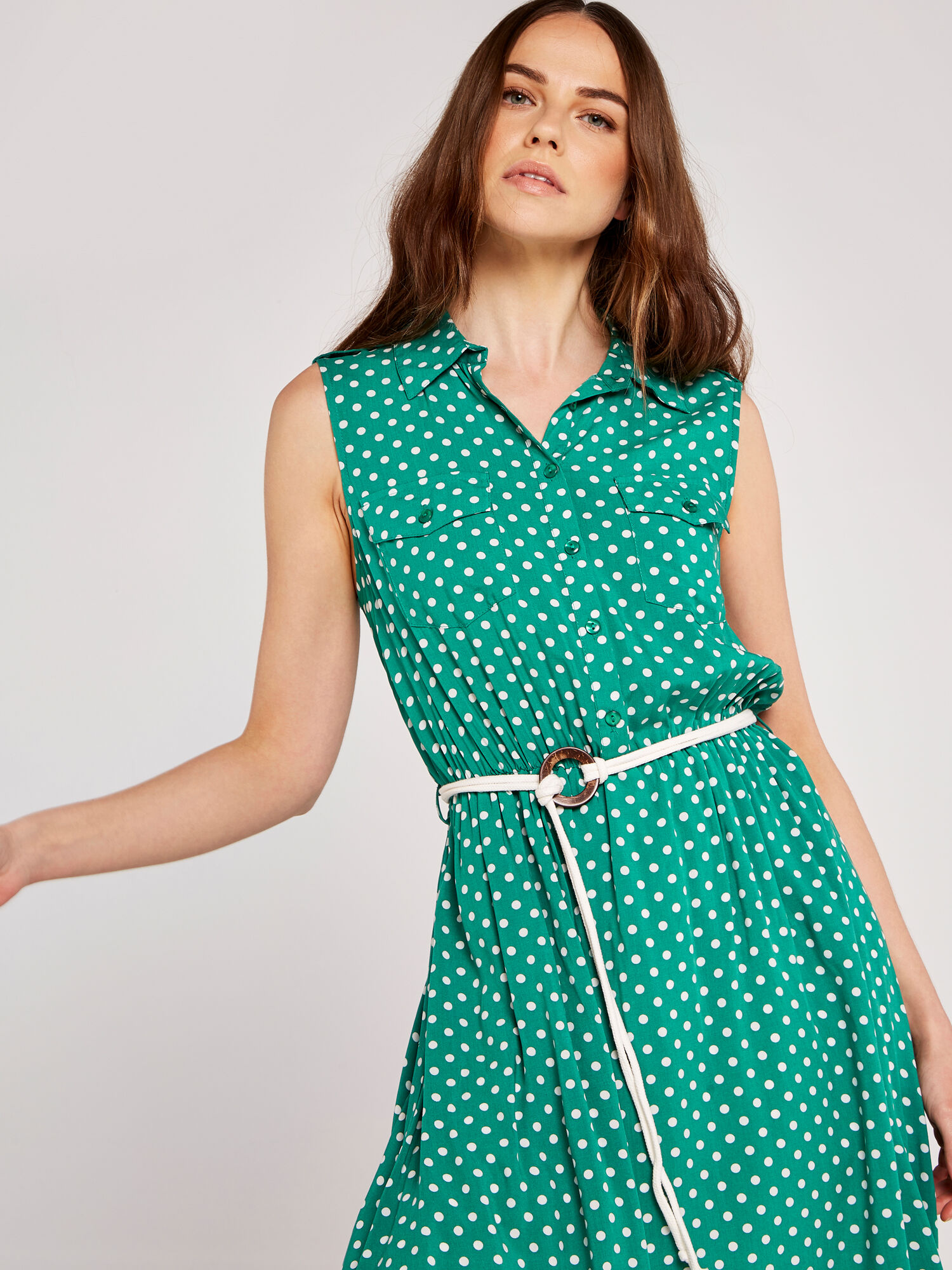 Polka Dot Midi Shirt Dress Apricot Clothing