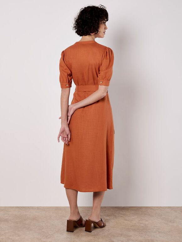 Button Down Linen Blend Midi Dress, Orange, large
