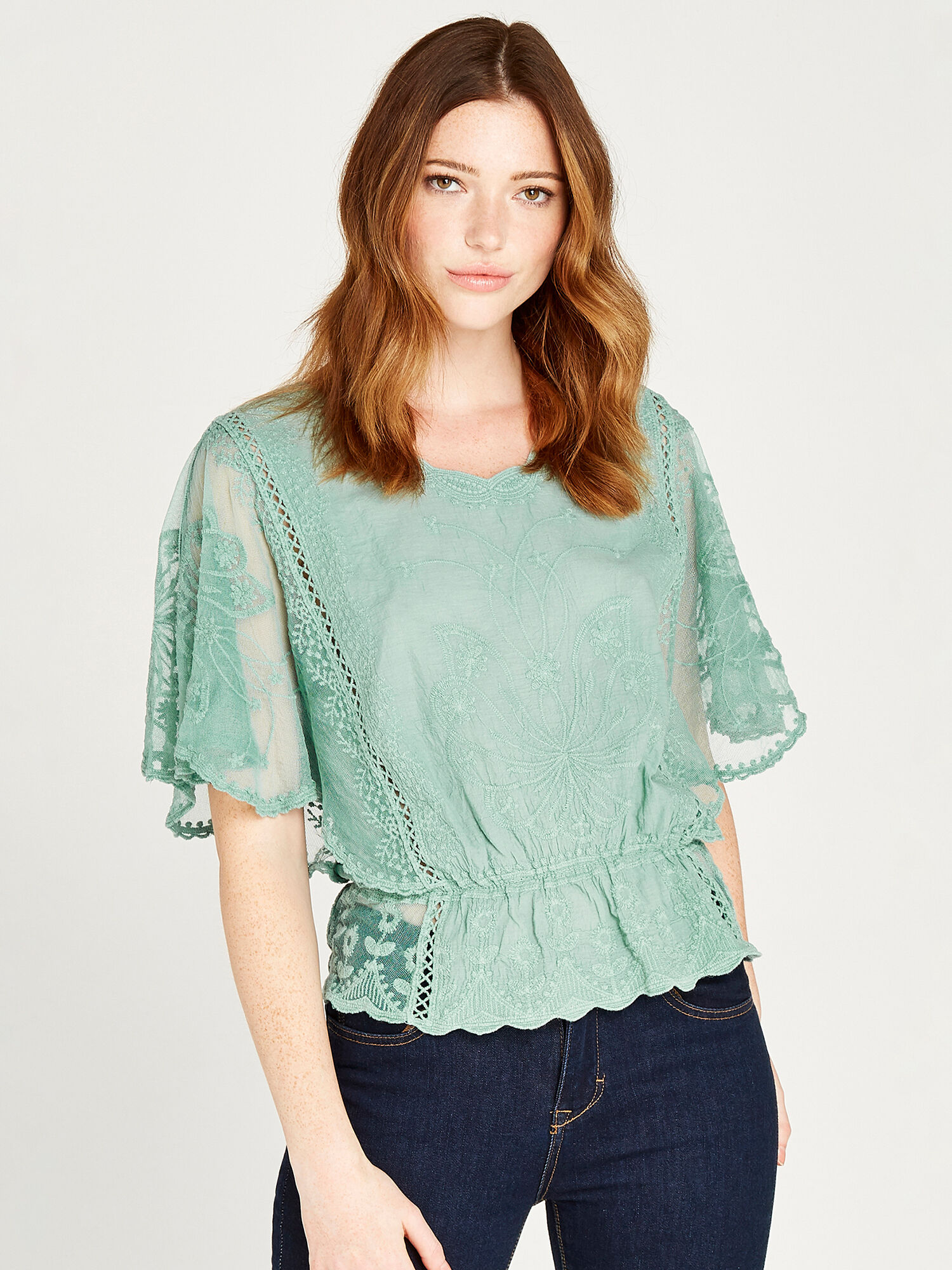 Embroidered Batwing Peplum Top Apricot Clothing