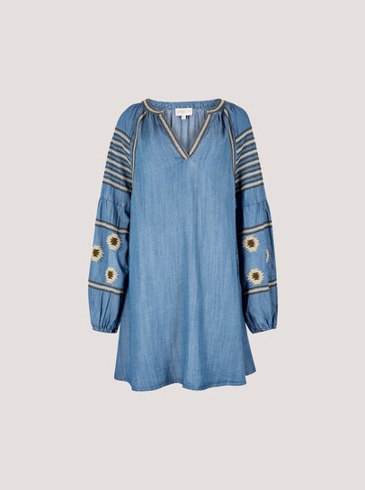 Aztec Embroidered Denim Mini Dress