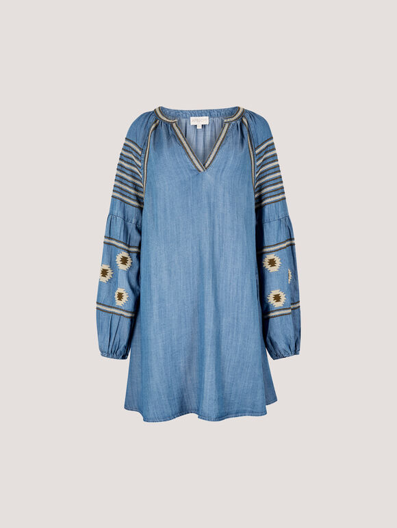 Aztec Embroidered Denim Mini Dress, Blue, large