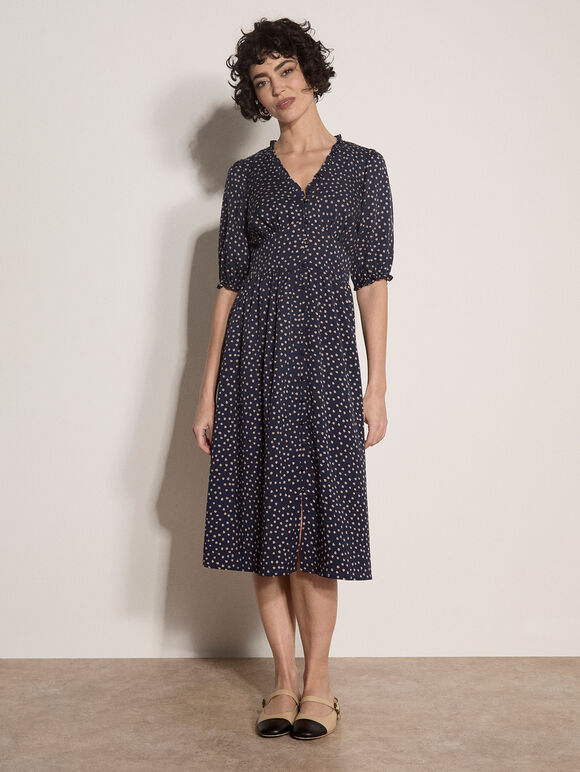 Polka Dot Ruffle Midi Dress, Navy, large