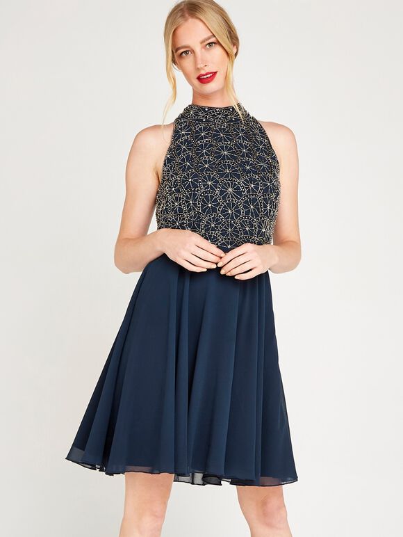 Beaded Halter Neck Swing Dress, Navy, large