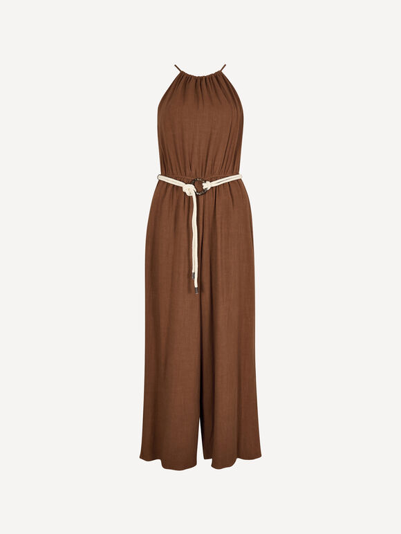Cotton Blend Wide-Leg Jumpsuit, Rust, large