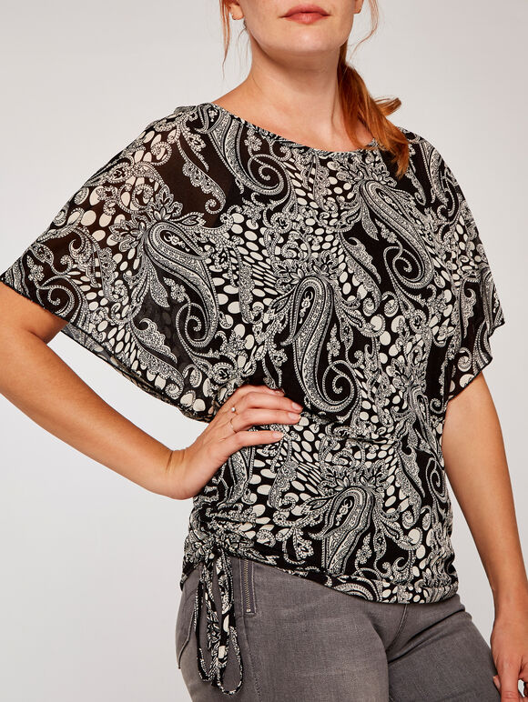 Psychedelic Tie Side Batwing Top, Black, large