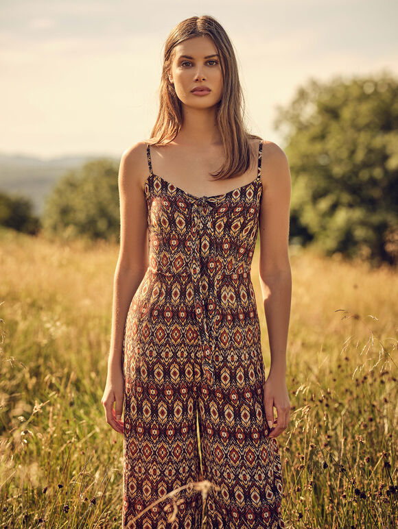 Tie Front Tribal Jumpsuit, Rust, large