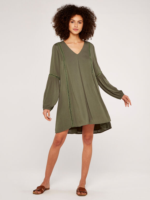 Lace Detail Smock Dress, Khaki, large