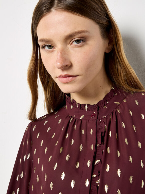 Gold Foil Ruffle Chiffon Blouse, Burgundy, large