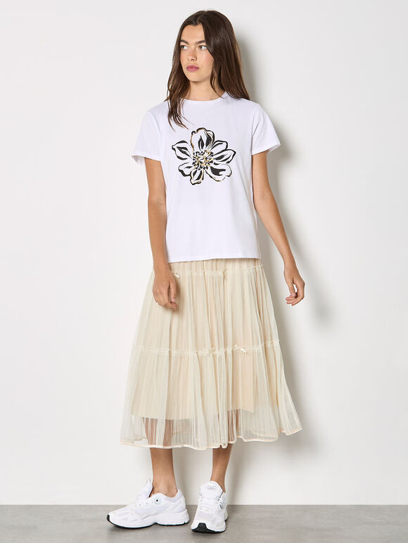 Bow Tiered Mesh Midi Skirt, Stone, large