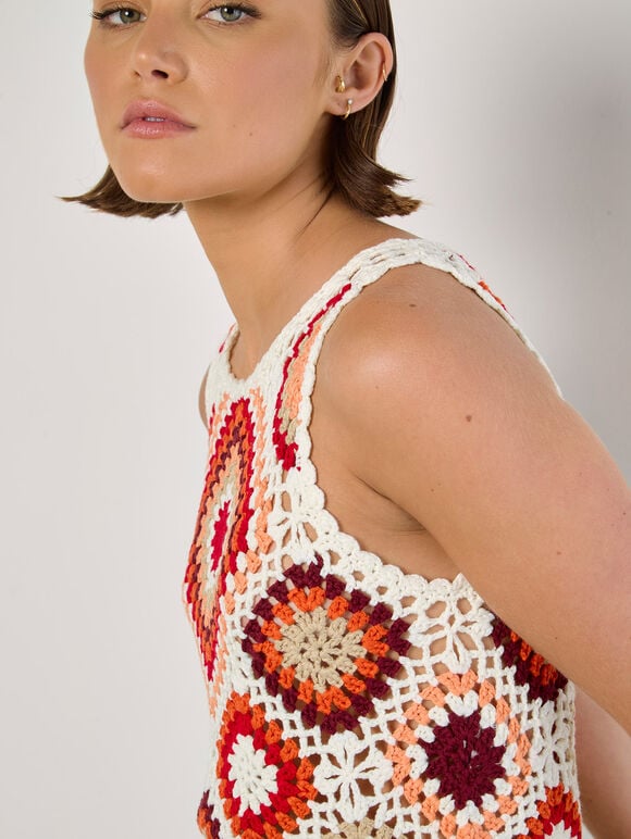 Diamond Crochet Crop Vest Top, Red, large