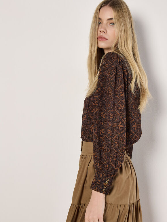 Mosaic Print Chiffon Ruffle Blouse, Brown, large
