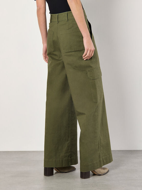 Wide Leg Cotton Cargo Trousers, Khaki, large