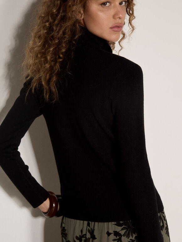 Ribbed Knit Asymmetric Cardigan, Black, large