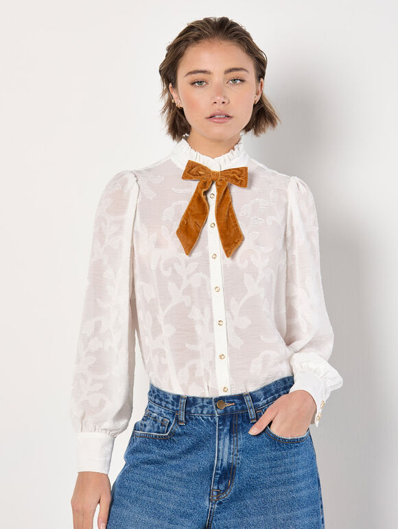 Embroidered Leaf Chiffon Blouse, Cream, large