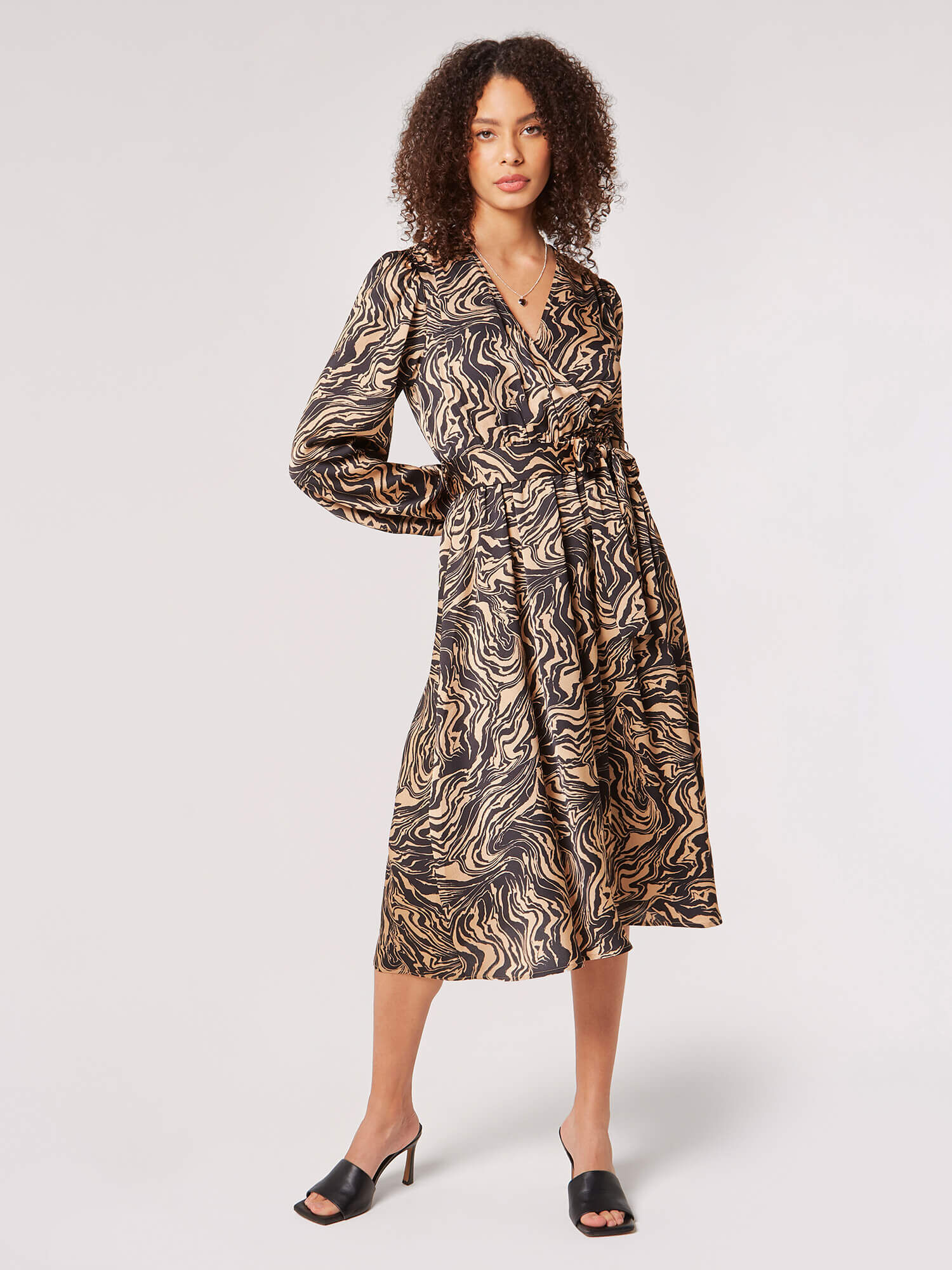 Swirl Satin Wrap Midi Dress Apricot Clothing