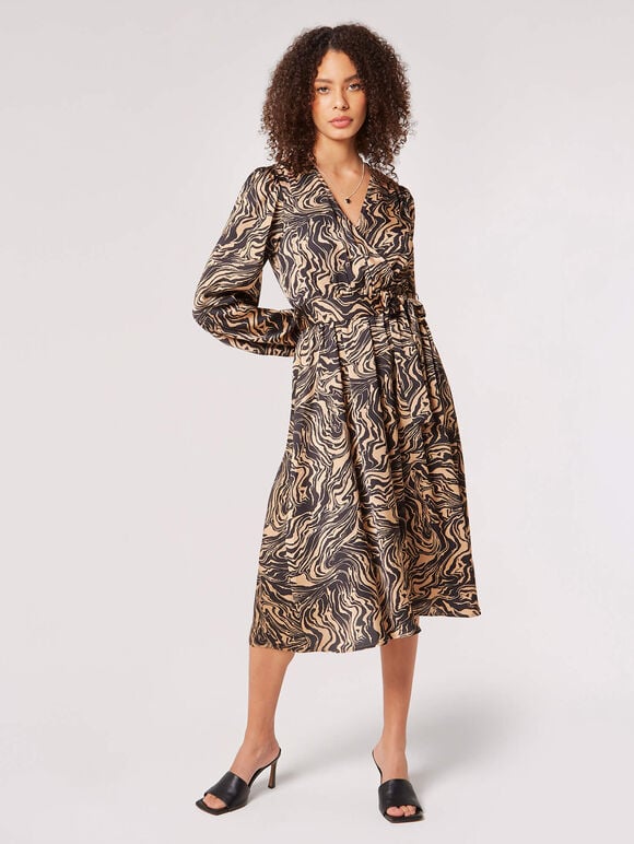 Swirl Satin Wrap Midi Dress, Black, large