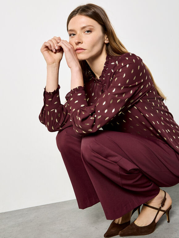 Gold Foil Ruffle Chiffon Blouse, Burgundy, large