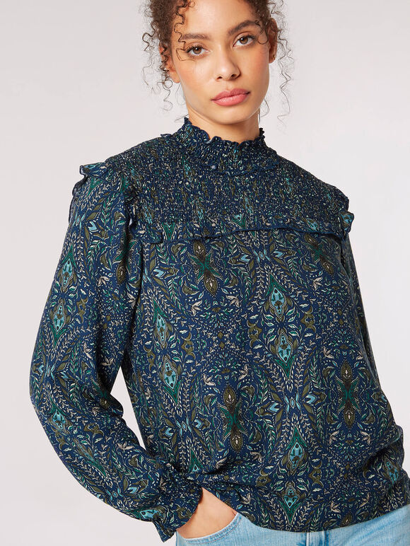 Paisley Ruffle Top, Navy, large