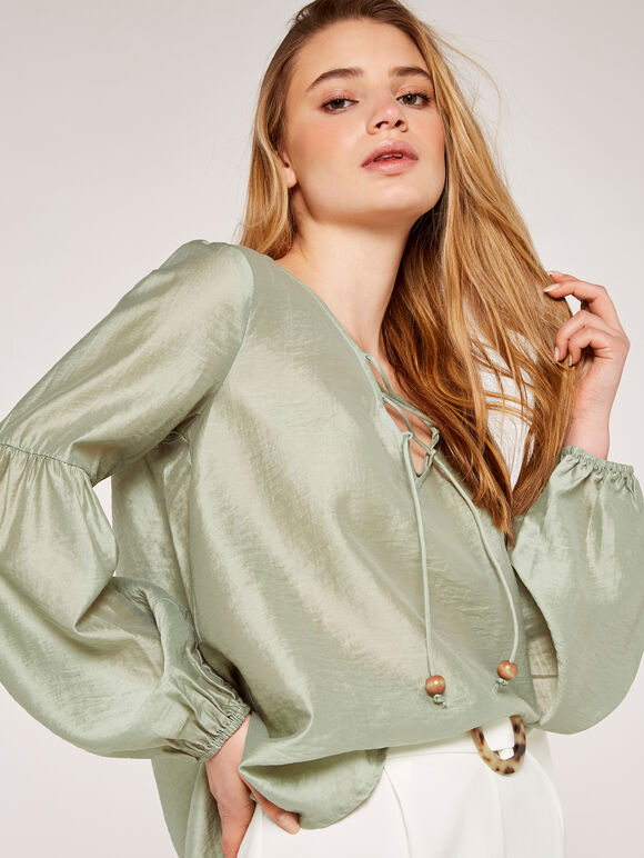Satin Top with Bead Detail, Green, large