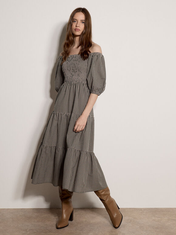 Cotton Gingham Milkmaid Midaxi Dress, Green, large