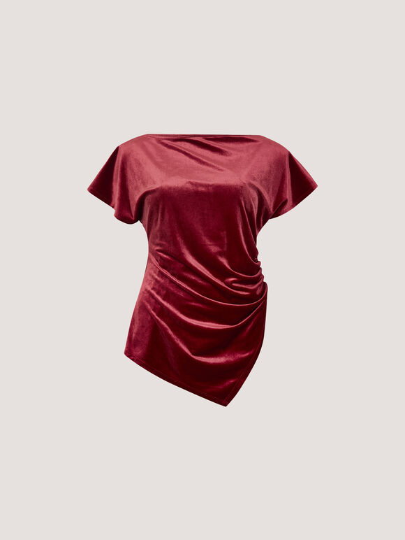 Asymmetric Ruched Velvet Top, Burgundy, large