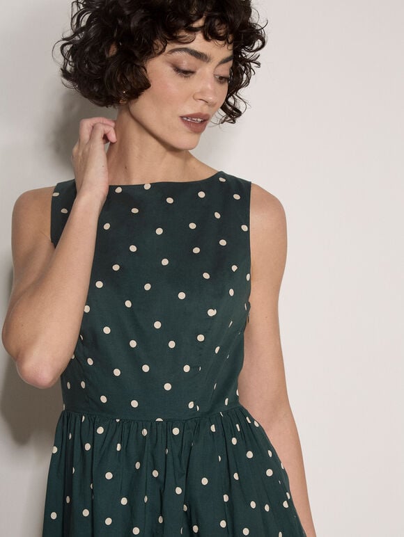 Polka Dot A-Line Cotton Midi Dress, Green, large