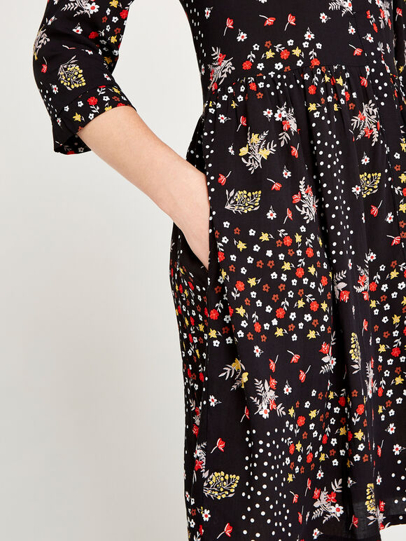Black Patchwork Floral Smock Dress, Black, large