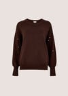 Sequin Sleeve Ribbed Knit Jumper, Brown, large