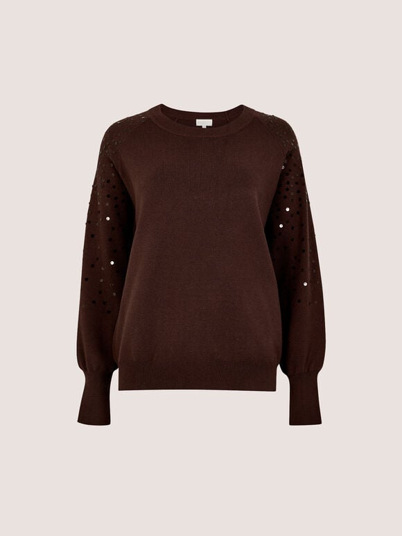 Sequin Sleeve Ribbed Knit Jumper, Brown, large