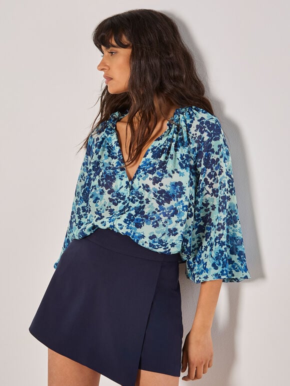 Blurred Floral Chiffon Blouse, Aqua - Turquoise, large