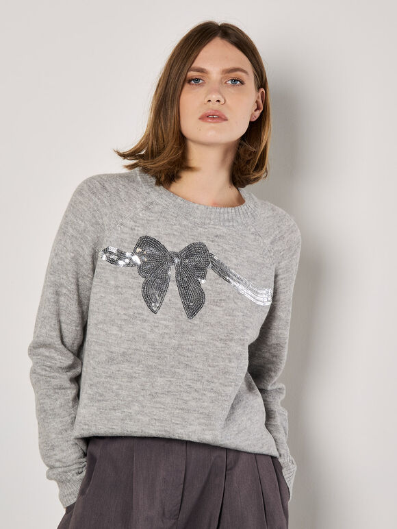 Sequin Embellished Bow Jumper, Grey, large