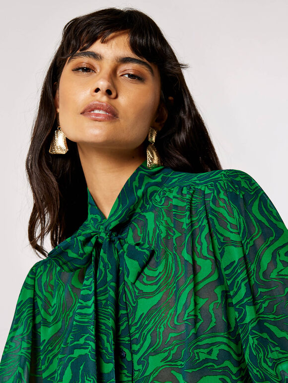 Painterly Marble Tie Neck Blouse, Green, large
