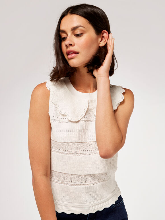 Lace Collar Knit Top, Cream, large