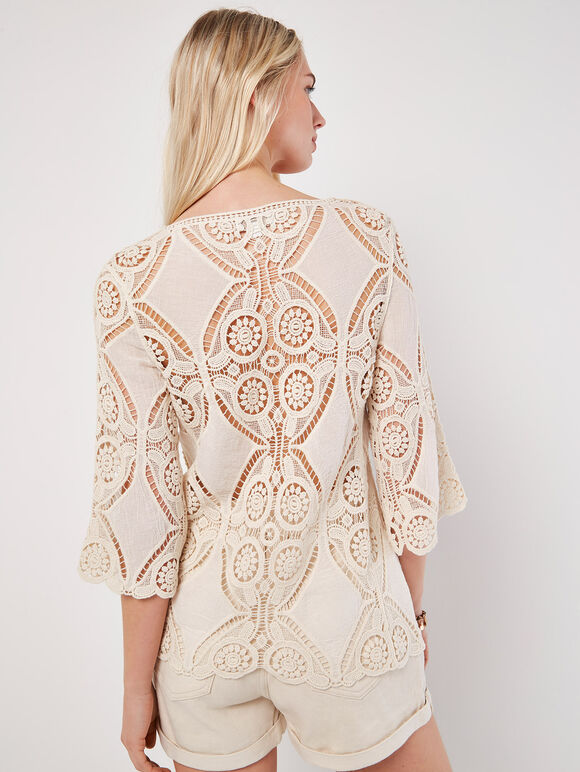 Cotton Blend Crochet Panel Top, Stone, large