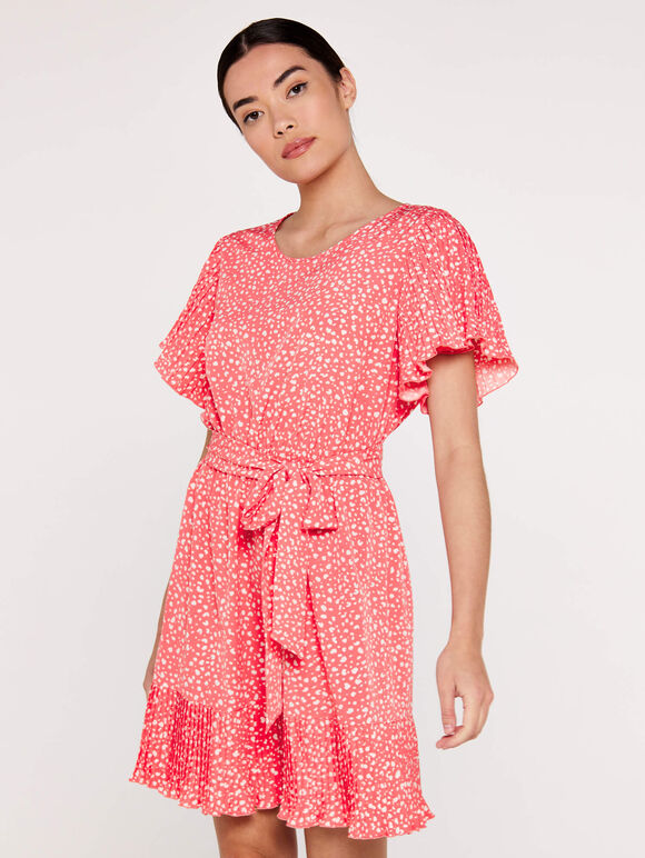 Dot Pleats Details Dress, Coral, large