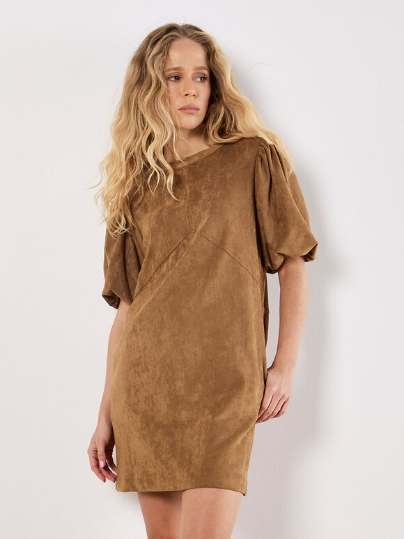 Suede Shift Mini Dress, Brown, large