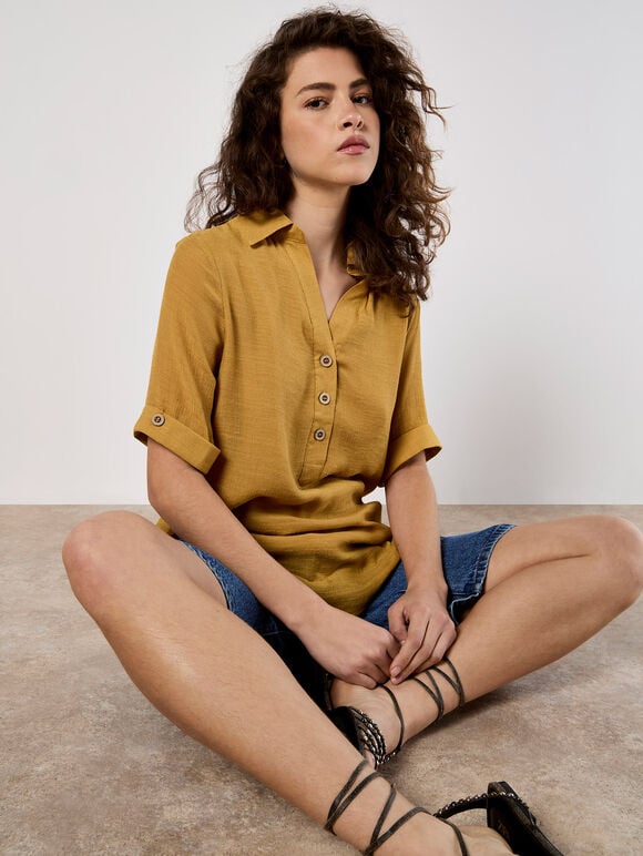 Slub Shimmer Relaxed Blouse, Mustard, large