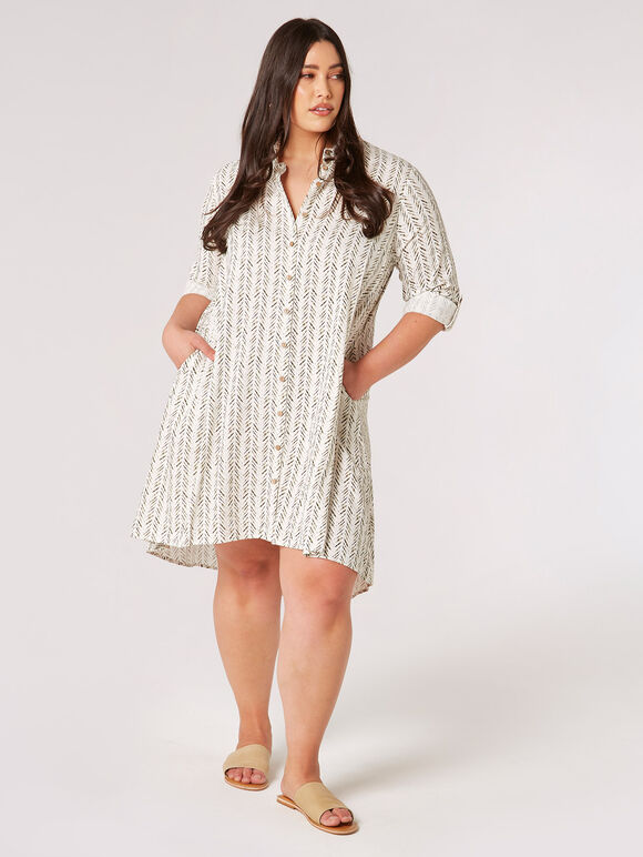 Chevron High-Low Shirt Mini Dress, Stone, large