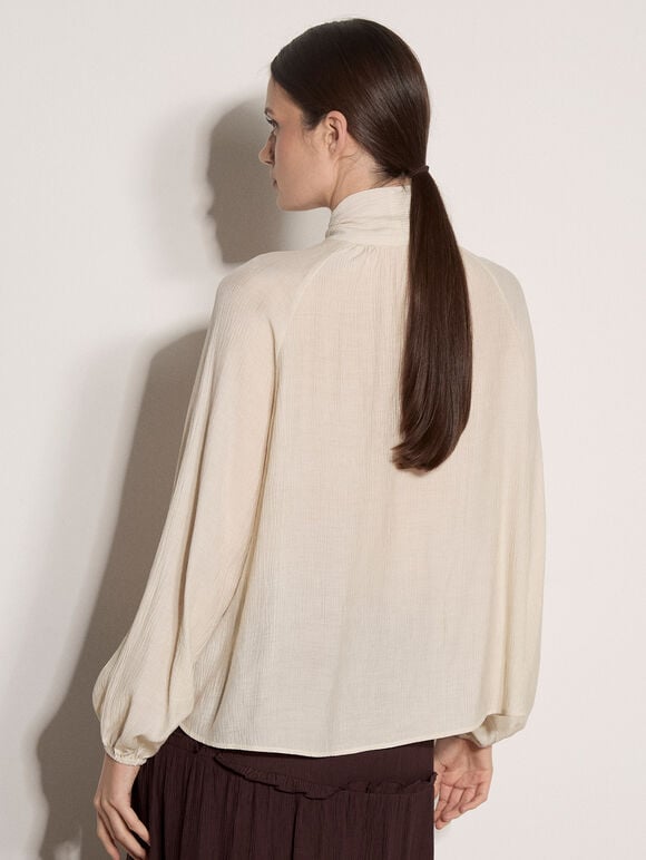 Crinkle Textured Bow Neck Blouse, Stone, large