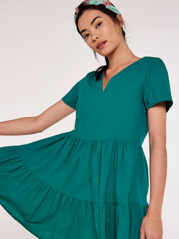 Cotton Neck Tiered Dress, Green, large