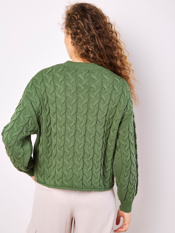 Cotton Blend Cable Knit Jumper, Green, large