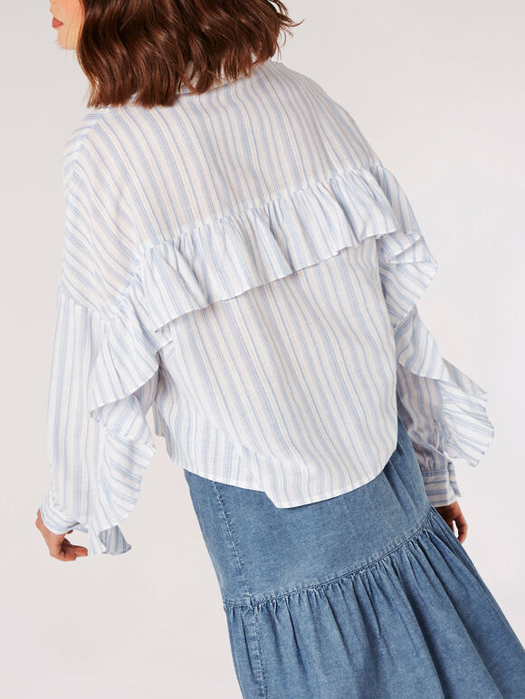 Cotton Stripe Cropped Ruffle Shirt, White, large