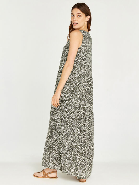 Ditsy Open V Neck Tiered Maxi Dress, Khaki, large