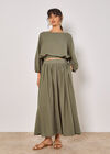 Linen Blend Pleated Midaxi Skirt, Khaki, large