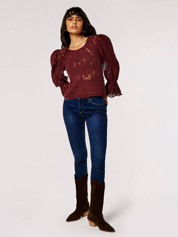 Cotton Embroidered Mesh Top, Burgundy, large
